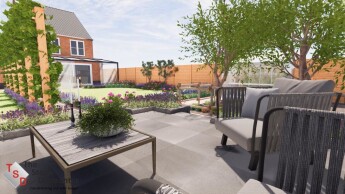Kleurrijke tuin met een verhoogd terras