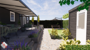 Tuin met verhoogd terras bij chalet